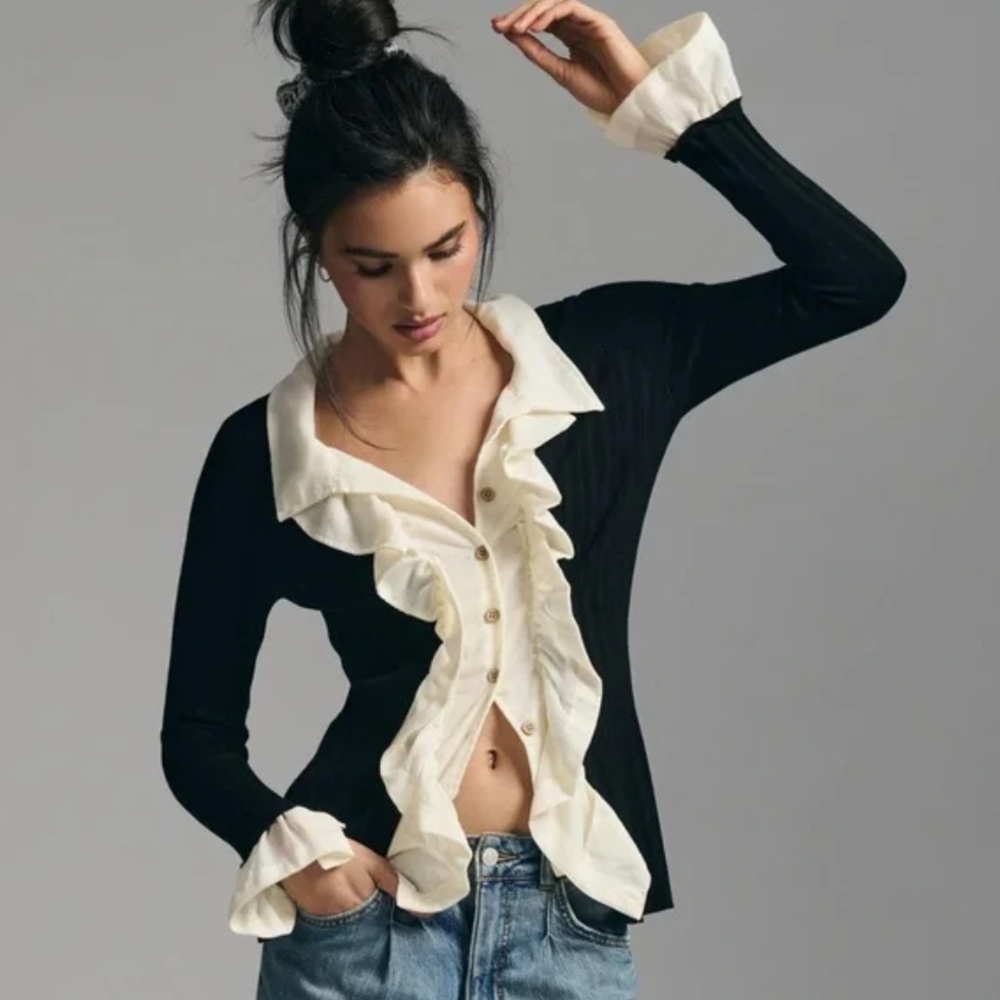 Anthropologie Black and White Ruffled Cardigan